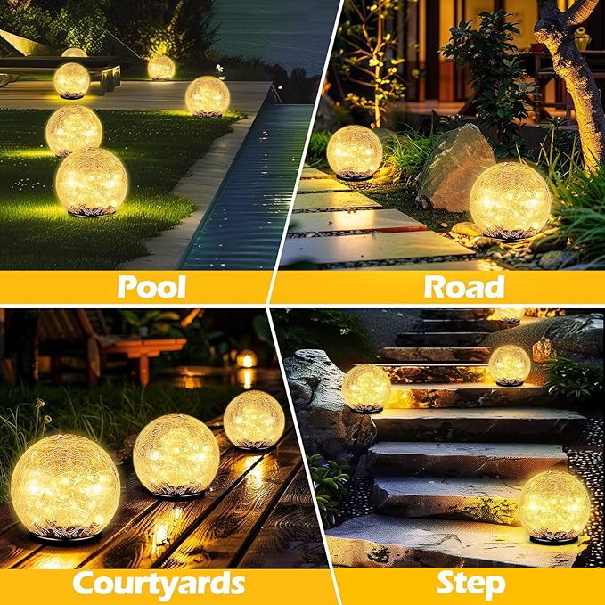 Garden Solar Ball Lights Outdoor Waterproof, 50 LED Cracked Glass Globe Solar Power Ground Lights for Path Yard Patio Lawn, Christmas Decoration Landscape Warm White(2 Pack 4.7'')-VerdiqueGarden