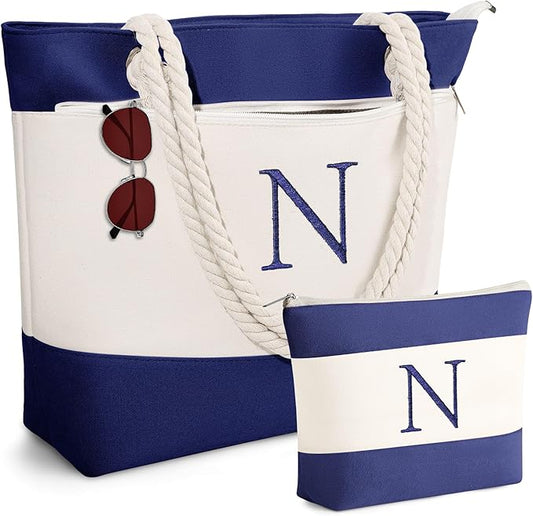 YOOLIFE Beach Bags for Women - Initial Tote Waterproof Bag with Makeup Bag, Mothers Day Gifts for Women Mom Friend Birthday-VerdiqueGarden