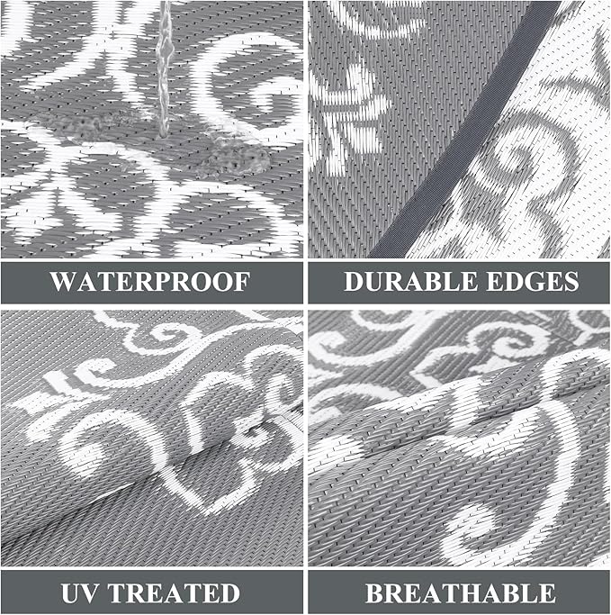 Pauwer Waterproof Outdoor Rug 8ft, Reversible Plastic Straw Patio Camping Rug, Indoor Outdoor RV Mat Carpet for Deck, Camper, Porch, Balcony, Backyard, Picnic, Floral Grey-VerdiqueGarden