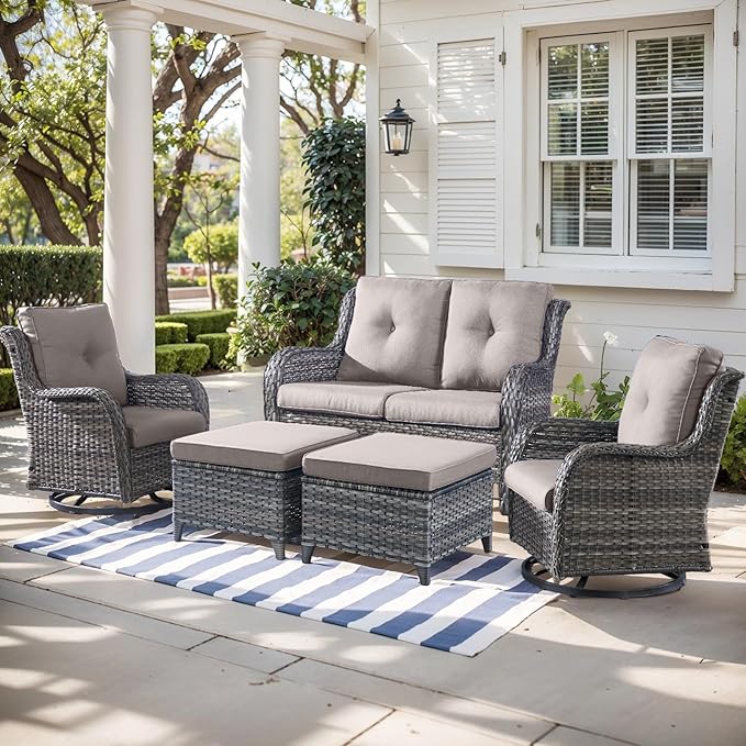 Outdoor Wicker Patio Furniture Set - 5 Piece Rattan Patio Conversation Set with 2 Rocking Swivel Chairs,2 Ottomans and 1 Loveseat for Porch Deck Backyard Garden(Mixed Grey/Grey)-VerdiqueGarden