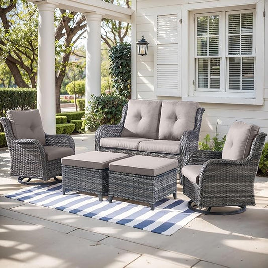 Outdoor Wicker Patio Furniture Set - 5 Piece Rattan Patio Conversation Set with 2 Rocking Swivel Chairs,2 Ottomans and 1 Loveseat for Porch Deck Backyard Garden(Mixed Grey/Grey)-VerdiqueGarden