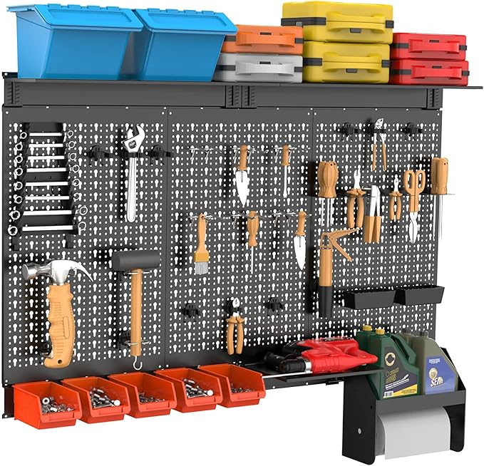 TORACK Metal Pegboard Wall Organizer 4ft Wide, Tool Storage Pegboard System for Garage with Accessories, Wall Mount Storage Bins, Shelves, Peg board Tool Organizer Kit for Workbench(Black)-VerdiqueGarden