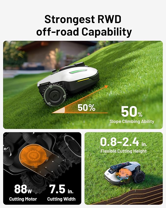 YUKA Mini 500 Robotic Lawn Mower for 0.12 Acre,Ultrasense AI Vision+ RTK Positioning, Auto Mapping, App Control,50% Slope,Perimeter Wire Free, 15 Mowing Zones Management-VerdiqueGarden
