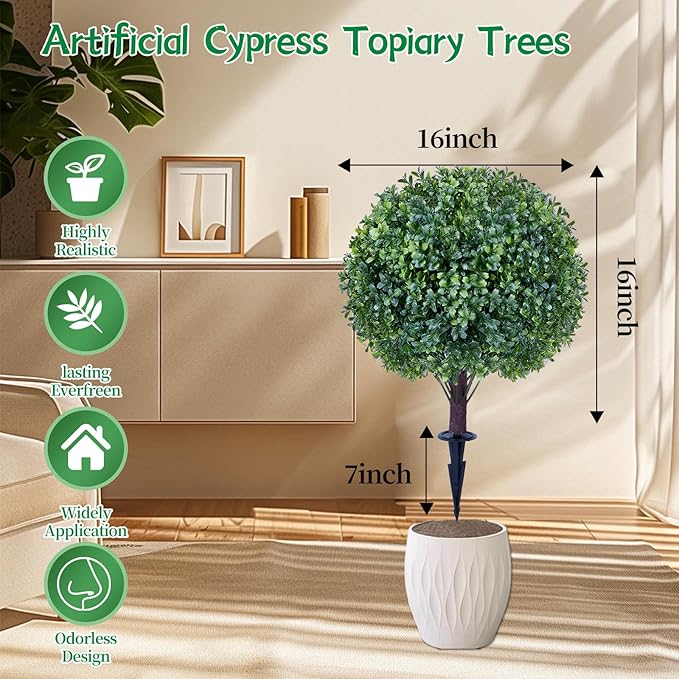 Artificial Boxwood Sphere Bushes Set of 2 Lifelike - UV Resistant Faux Shrubs with Stakes for Effortless Porch, Planter & Indoor Decor 16in FZHCZWZX-VerdiqueGarden