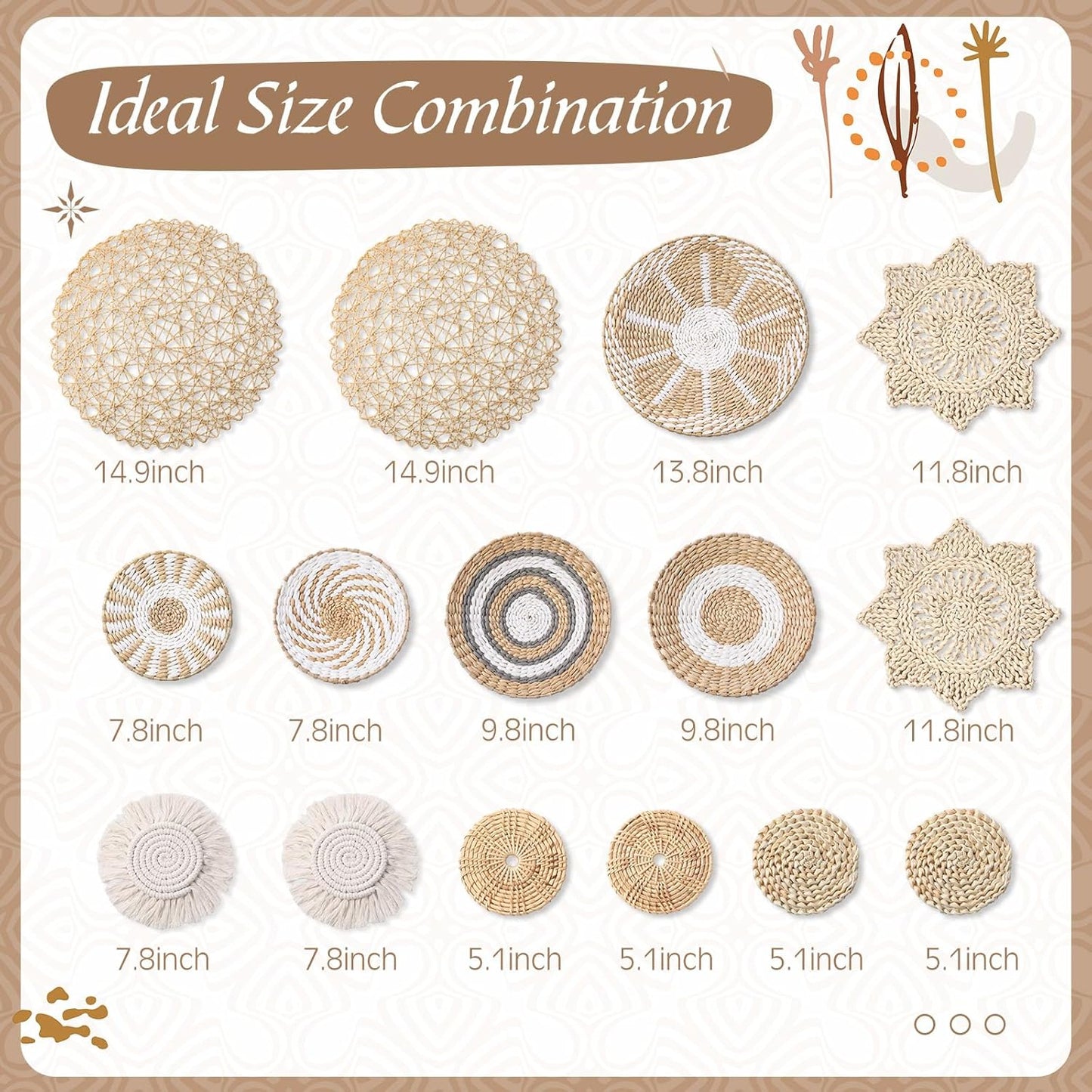 15 Pcs Boho Wall Basket Decor Woven Rattan Seagrass Wall Decor Hanging Rustic Farmhouse Western Art Decoration for Nursery Living Room Bedroom Home Kitchen(Grey White Style)-VerdiqueGarden