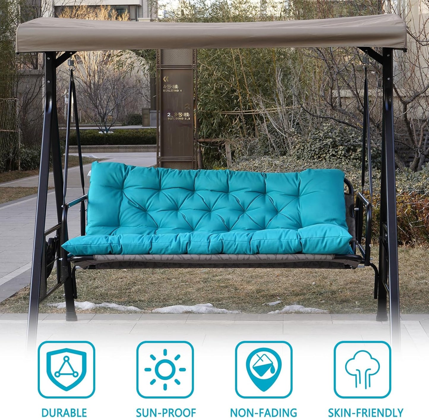 Outdoor Swing Cushions,Waterproof Swing Cushions 3 Seater Replacement with Backrest,Outdoor Thickened Bench Cushion with Ties for Porch,Patio,Backyard,Garden (Lake Blue 60 * 40 in)-VerdiqueGarden