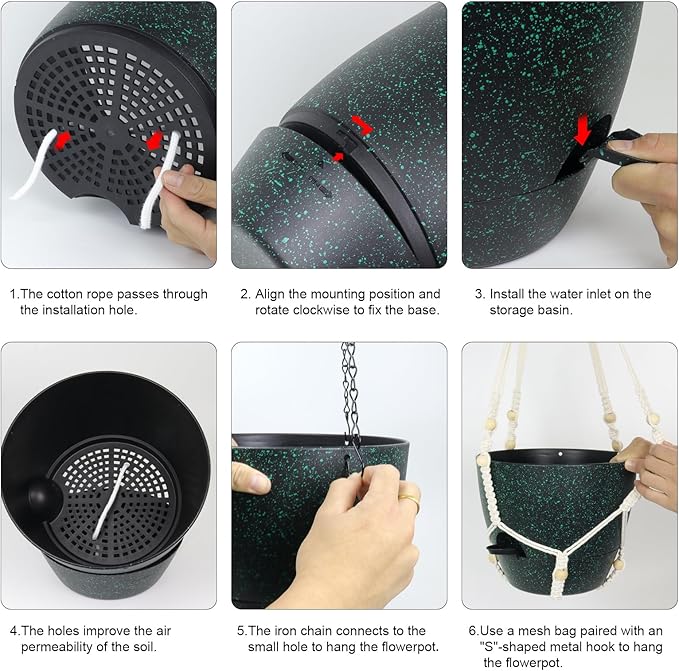 10 inch Self Watering Hanging Planters, 2 Pack Hanging Flower Pots for Indoor Outdoor Plants, Hanging Baskets with Drainage Holes & 2 Kinds of Plant Hangers for Home Decor, Speckled Black-VerdiqueGarden