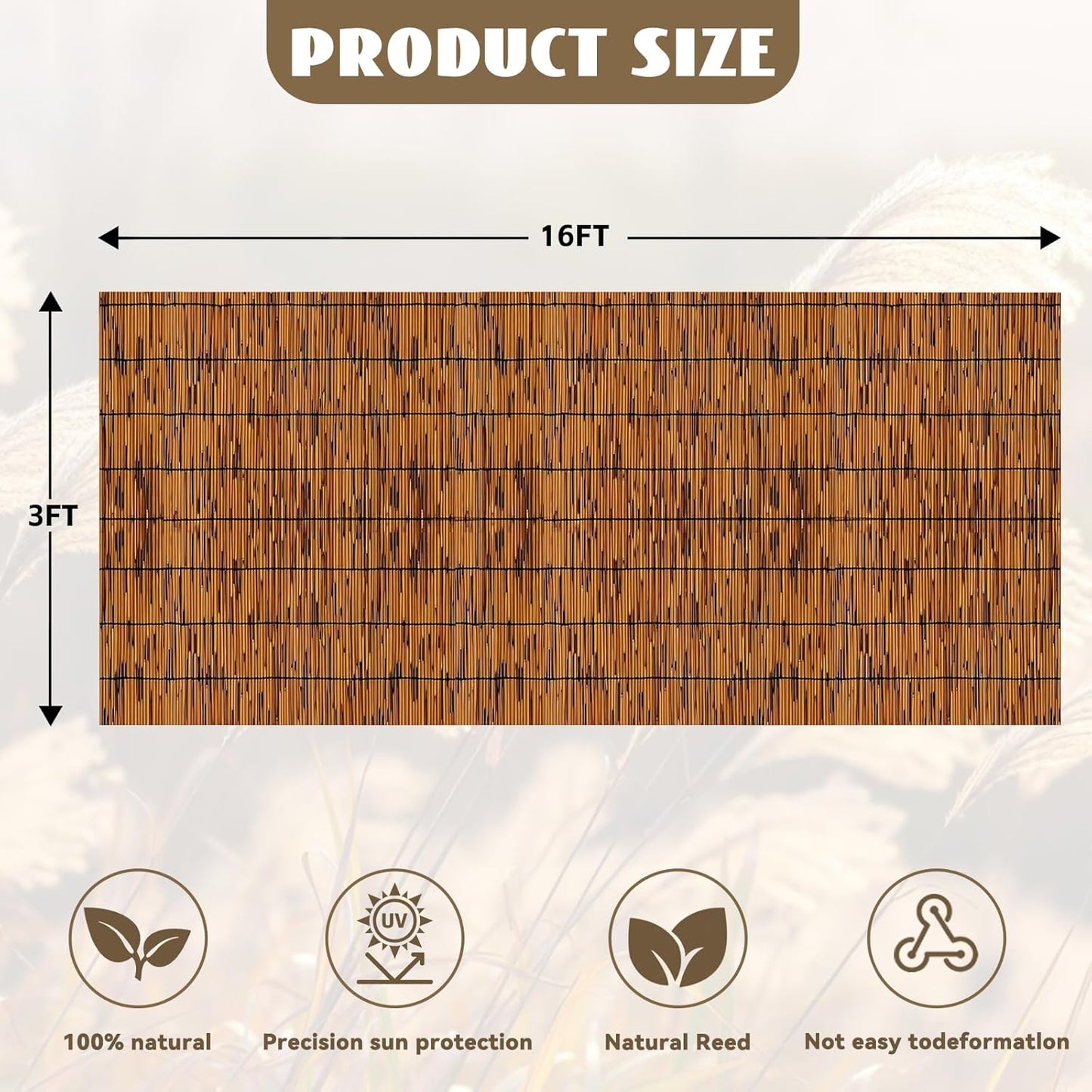 Bamboo Reed Fencing, Light Russet Bamboo Fence Rolls 3 Feet High, Decorative Reed Curtains Privacy Screen Outdoor for Patio Balcony Garden Backyard, 3 x 16 FT-VerdiqueGarden