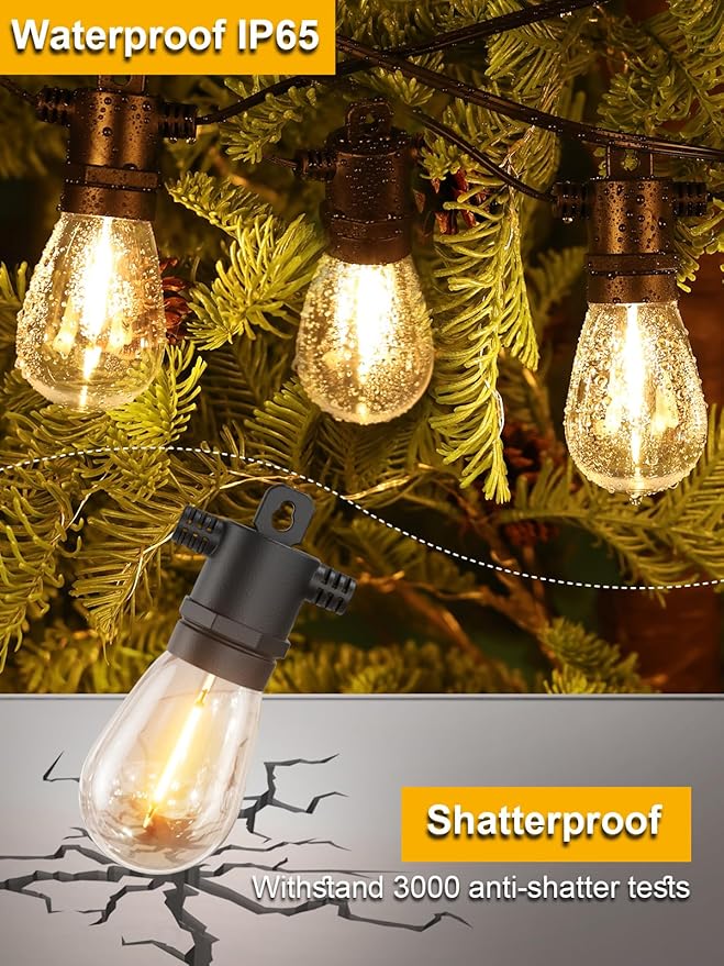 Svater Outdoor String Lights 50 FT, Patio Light for Outside with Shatterproof LED Bulbs, IP65 Waterproof Connectable Hanging Lights for Backyard, Bistro, Cafe, Balcony, Party, Black-VerdiqueGarden
