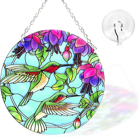 Hummingbird Suncatcher Stained Glass - Hummingbird Gifts for Women, Birds Suncatchers for Windows - Birds Window Hangings with Chain and Hook, 6 inch Stained Glass Suncatcher for Mom-VerdiqueGarden