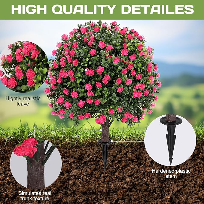 Artificial Pink camellia Topiary Ball Tree 25" with Ground Spike, Set of 2 Artificial Boxwood Bushes for Faux Shrubs, Fake Evergreen Faux Plant for Indoor Outdoor Garden -UV Resistant–Fade-Proof-VerdiqueGarden