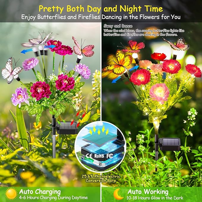 Solar Garden Lights, 3 Pack Swaying Solar Lights with 9 Butterflies & 21 Blooming Flowers, Solar Flowers Lights Outdoor Waterproof, Auto On/Off Solar Outdoor Lights for Yard Patio, Gift-VerdiqueGarden