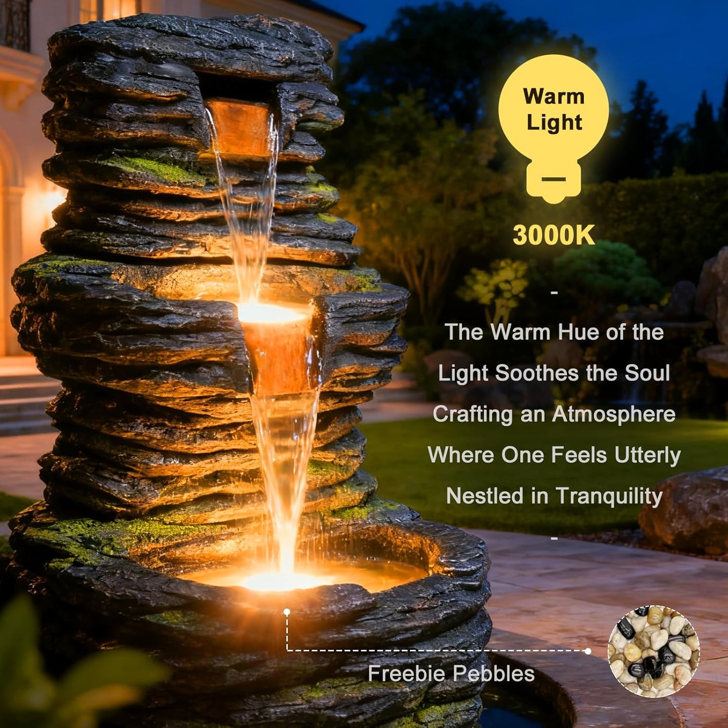 28.8” Tall Rock Water Fountain Outdoor Garden, 3-Tiers Cascading Rock Natural Waterfall Fountains with LED Lights, Indoor Resin Water Feature Fountain for Patio, Garden and Backyard, Deck, Porch, Home-VerdiqueGarden
