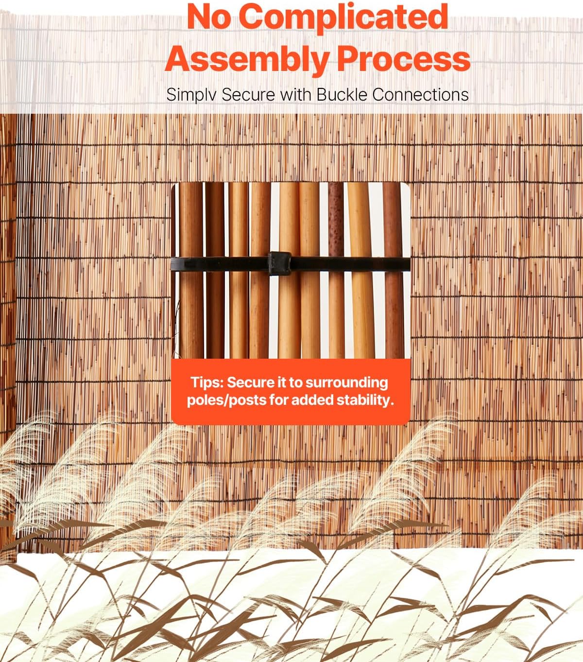 VEVOR Natural Reed Fencing, 4ft x 16.4 ft, Decorative Bamboo Privacy Screen,Reed Fence Roll Patio Decorative Fences Reed Screen Curtain for Garden Backyard Patio Balconies,Brown-VerdiqueGarden