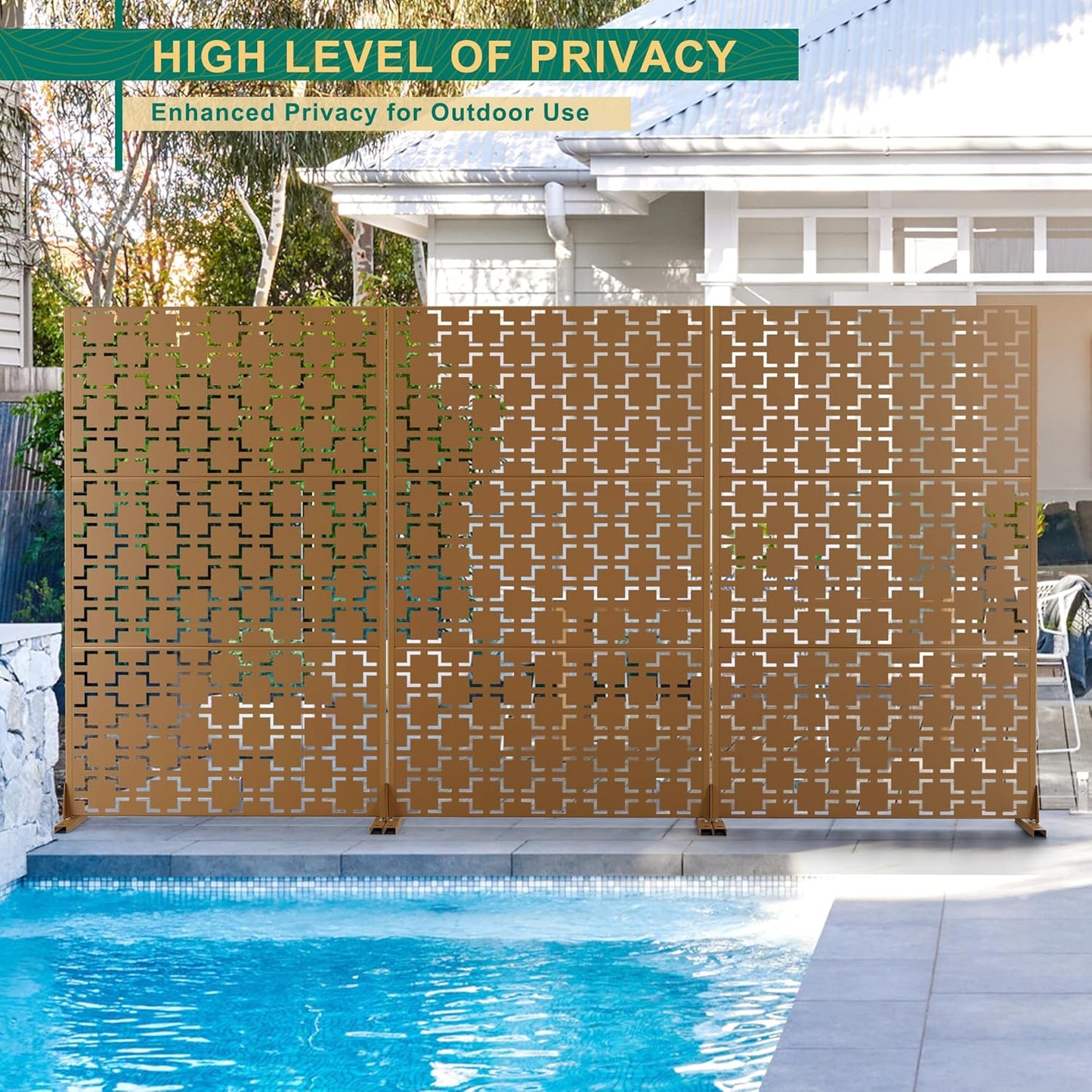 72" H47" W Metal Outdoor Privacy Screen - Freestanding, Decorative Fence (3 Panels)-VerdiqueGarden