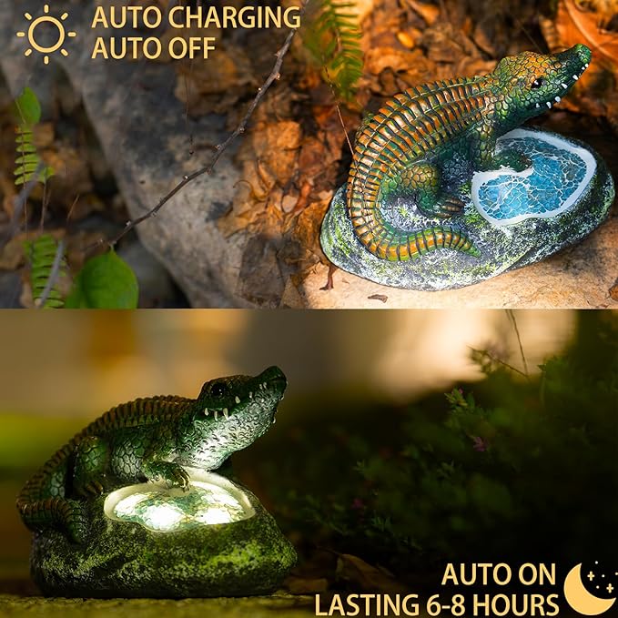 Garden Statue Crocodile,Solar Crocodile Decor for Outdoor,Resin Crocodiles Figurine with Solar Light for Patio,Balcony,Yard,Lawn Ornament,Perfect Garden Gift-VerdiqueGarden