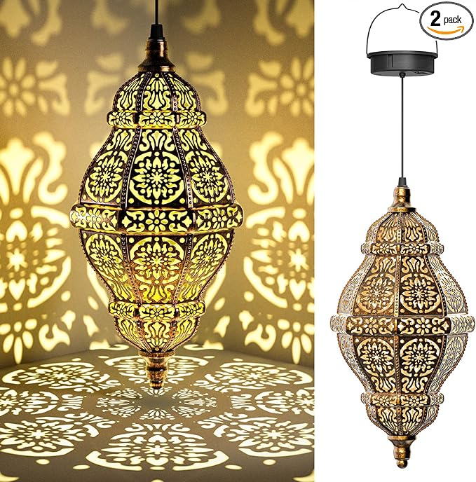 Twinkya 2 Pack Hanging Solar Lights Outdoor Garden Decor, Waterproof Plastic Moroccan Solar Powered Lantern Lamp, Outside Decorations for Patio Yard Porch Backyard Decor, Gardening Gifts for Women Mom-VerdiqueGarden