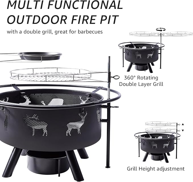 NATURAL EXPRESSIONS 32 Inch Large Fire Pit with 2 Grills, Outdoor Wood Burning Fire Pit with Cooking Grate, Lid, Poker and Round Waterproof Cover for Patio, Ourside, Bonfires, Picnic, Party.-VerdiqueGarden