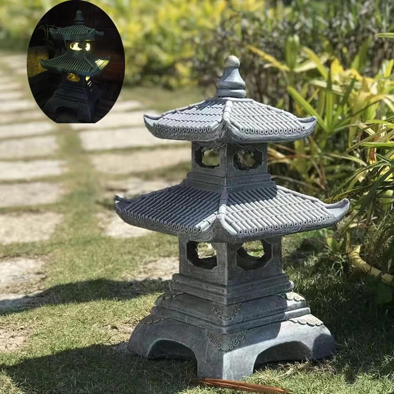 Outdoor Solar Pagoda Lantern,2 Tier Pagoda Lantern Garden Statue,Zen Garden Lantern Pagoda,Pagoda Lantern Japanese Style. for Zen Lawn Garden Decoration and Christmas Ornament (Solar Lights)-VerdiqueGarden
