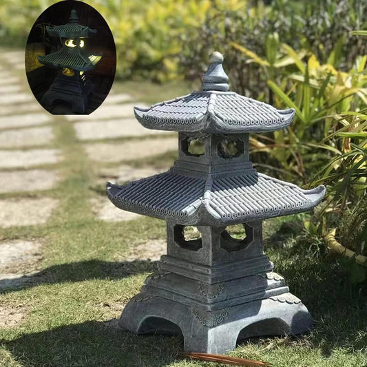Outdoor Solar Pagoda Lantern,2 Tier Pagoda Lantern Garden Statue,Zen Garden Lantern Pagoda,Pagoda Lantern Japanese Style. for Zen Lawn Garden Decoration and Christmas Ornament (Solar Lights)-VerdiqueGarden