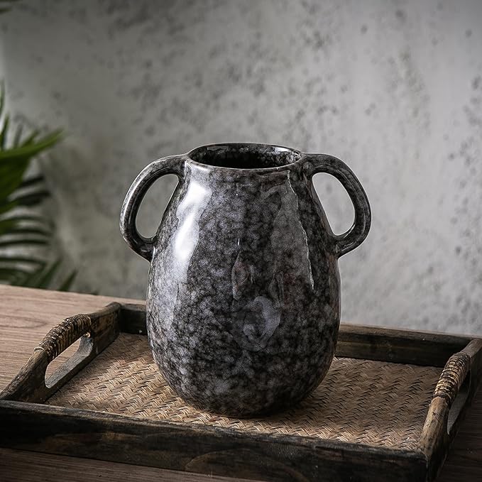 Ceramic Modern Farmhouse Vase with 2 Handles, Black Ceramic Vases for Home Decor, Rustic Pottery Vase, Decorative Terracotta Flower Vase, Boho Clay Vase for Table Living Room Shelf Mantel Decor-VerdiqueGarden