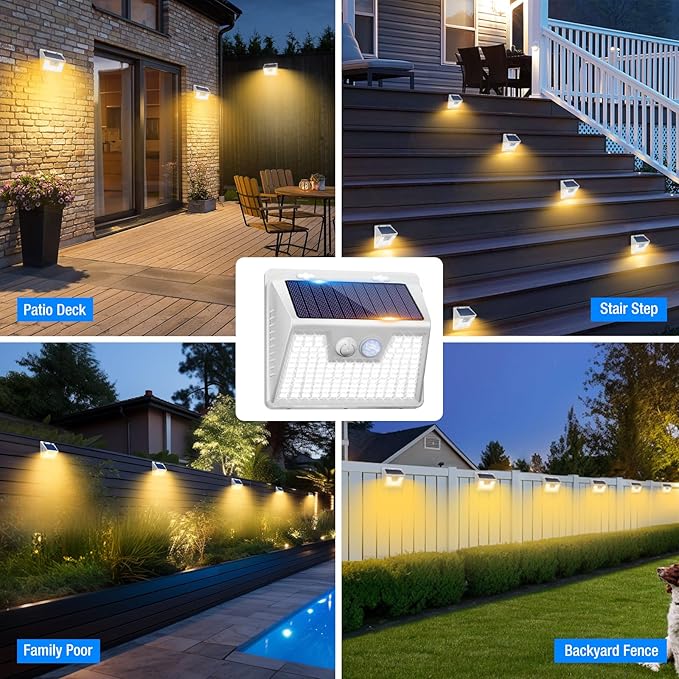 Peasur White Frame Solar Motion Sensor Lights Outdoor - 2 Packs, 180LED Warm Solar Wall Lights, Waterproof, 3 Modes Fence Security Lighting for Deck, Yard, Stairs, Garden-VerdiqueGarden