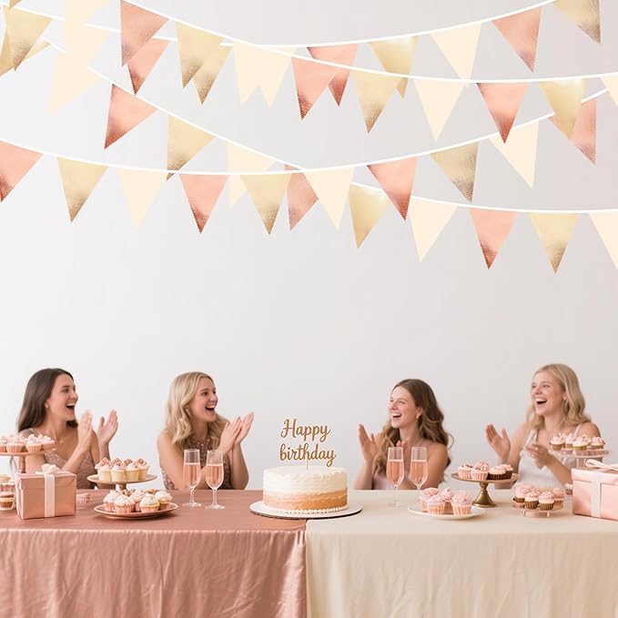 Rose Gold Champagne Gold Beige Party Decorations Metallic Fabric Triangle Flag Pennant Banner Garland Bunting for Engagement Bridal Shower Wedding Birthday Baby Shower Graduation Decoration Supplies-VerdiqueGarden