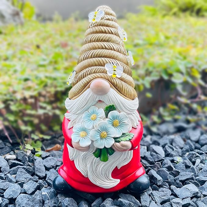 Outdoor Garden Gnomes Statue, Bee Flower Gnome Sculpture, with Solar LED Lights for Yard, Patio, Lawn Ornaments for Garden, Patio Gnome Gifts for Mom-VerdiqueGarden