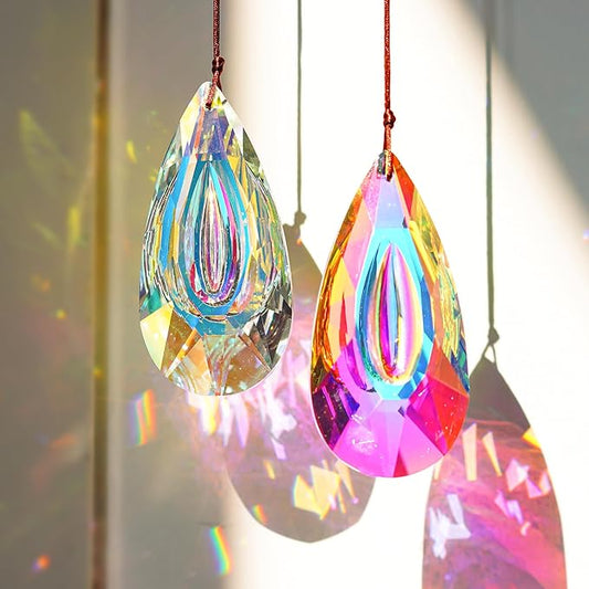 HDCRYSTALGIFTS Set 2,89mm/3.5in Crystals Prisms Suncatcher for Window Hanging Indoor Chandelier Parts Rainbow Maker for Home Garden Decor (AB Colored)-VerdiqueGarden