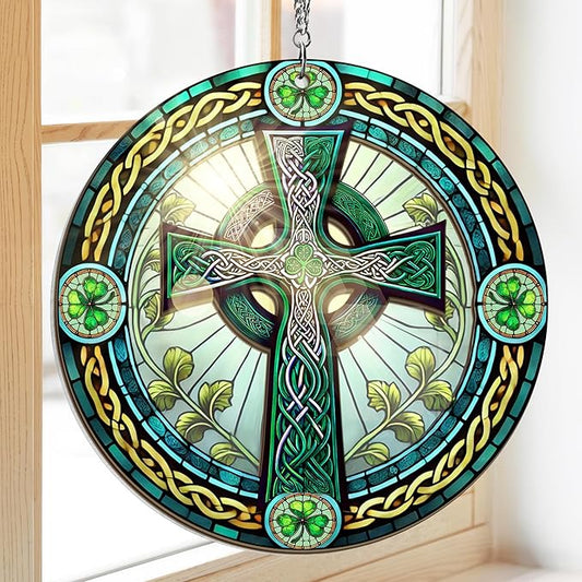 St Patricks Day Decorations - Irish Gifts for Men Women Friends Family, St Patricks Day Accessories, Celtic Cross Home Decor - Double Layered Hanging Suncatcher 8 in-VerdiqueGarden