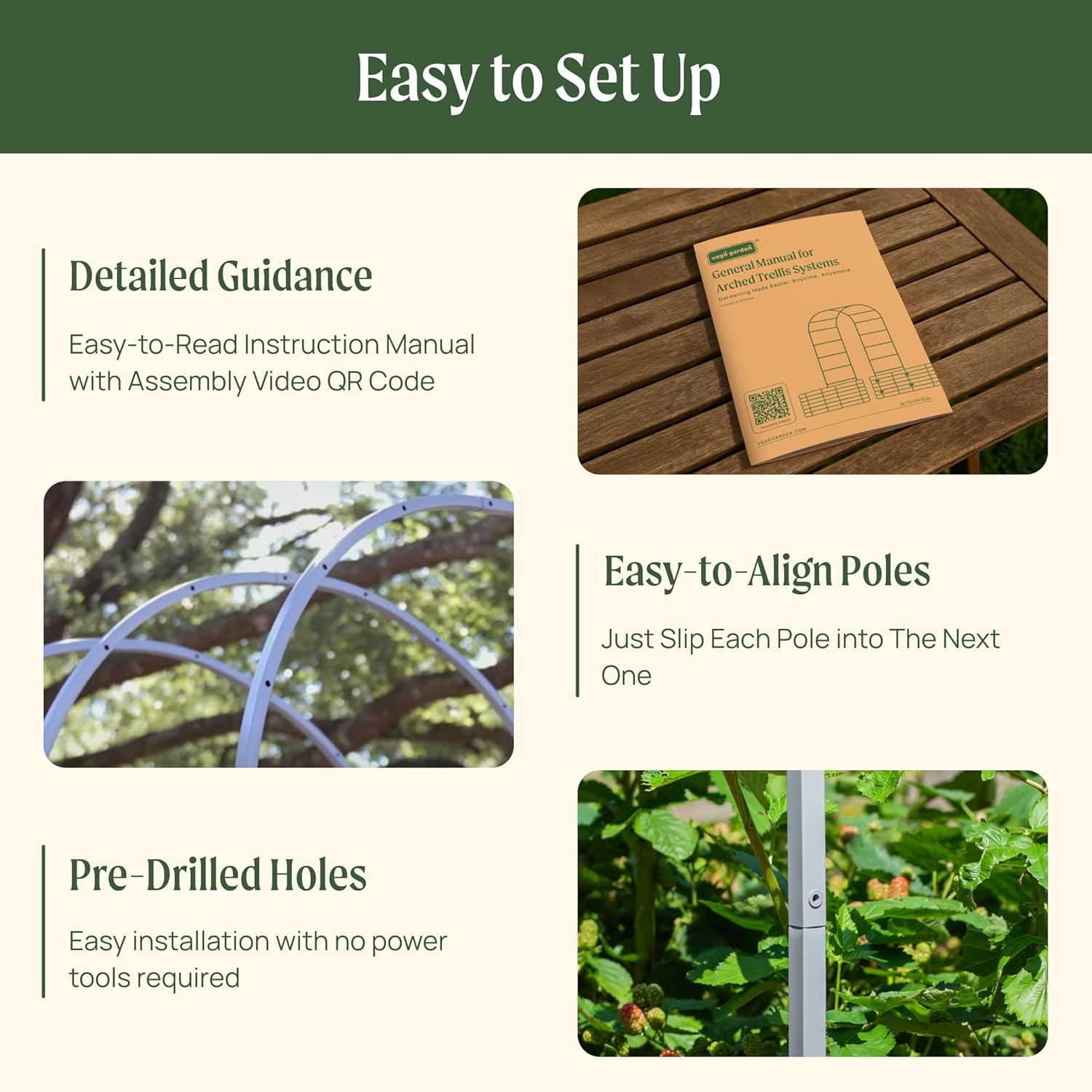 Vego Garden Modular Arched Trellis System Single Section 1.5' Long Trellis for Garden Bed 2.0’ x 3.5’(Kids Bed) and 3.5’ x 3.5’(4 in 1)-VerdiqueGarden