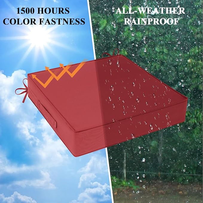 Outdoor Chair Cushions Set of 2 for Patio Furniture 22x22x4 Inch Waterproof Patio Chair Cushion 3 Year Color Fastness Square Elastic Foam Garden Couch Pads with Ties and Handle,Red-VerdiqueGarden
