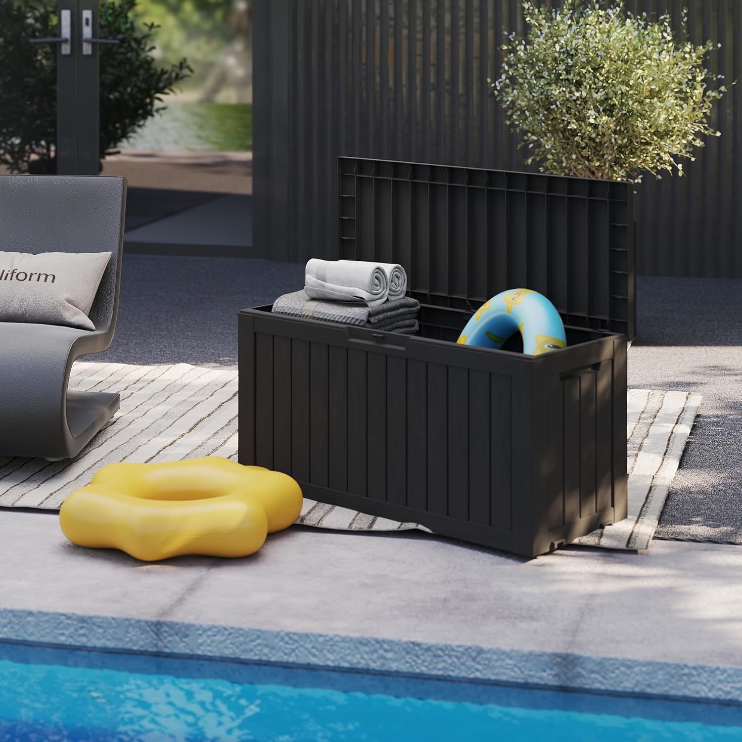 80GAL Black Resin Deck Box - Large Waterproof Storage for Patio Furniture, Pool Floats & Garden Supplies - Lockable, UV-Resistant for Backyards, Pool Decks-VerdiqueGarden