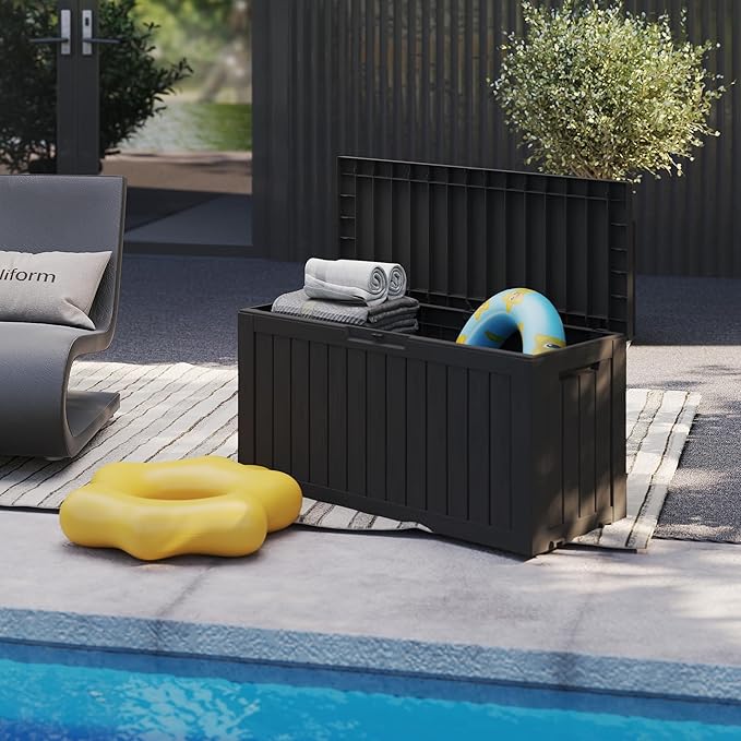90 Gallon Waterproof Outside Storage Box - Patio Storage & Outdoor Deck Box, All-Weather Resin Chest for Pool/Garden Accessories, Lockable UV-Resistant, Jet Black-VerdiqueGarden