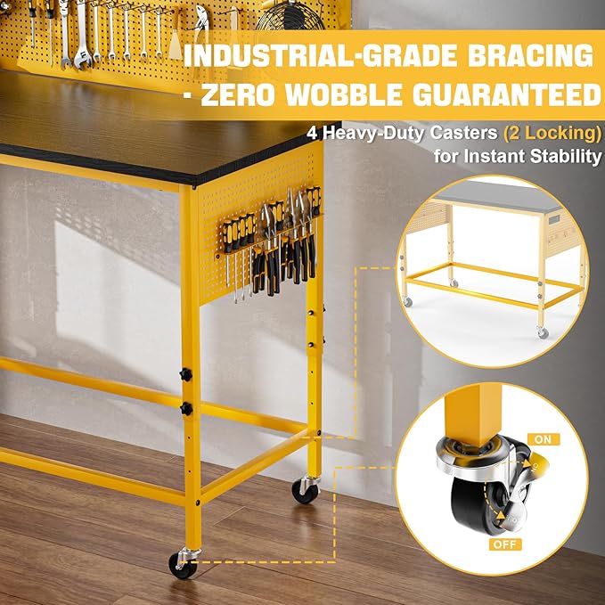 47" Heavy Duty Adjustable Workbench with Power Outlets, Pegboard & Locking Wheels - 2100LB Capacity Garage Work Table, Compatible with DeWalt Battery, Reinforced Steel Frame for Workshop & Home Use-VerdiqueGarden