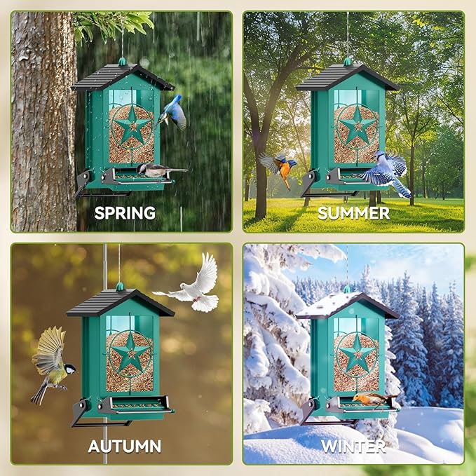 Squirrel Proof Bird Feeder for Outdoors Hanging, Metal Wild Bird Seed Feeder with Bilateral Weight-Activated Perches, 5LB Large Capacity Wild Bird Feeders for Outside Finch, Cardinal, Blue Jay-VerdiqueGarden