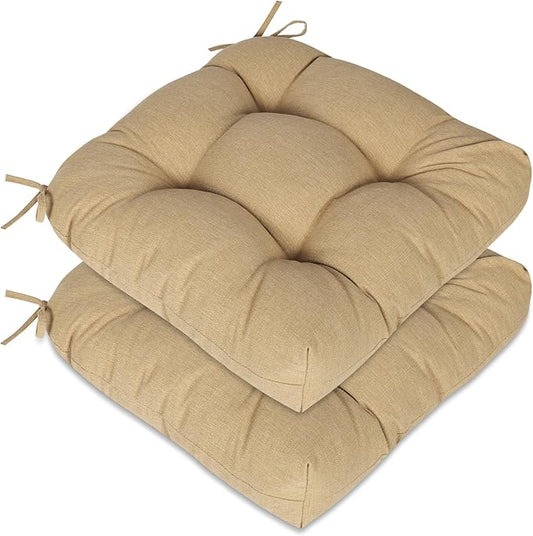 Aoodor 19" x 19" x 5" Tufted Outdoor Chair Cushions, Water Resistant & Fade Resistant Polyester Dining Chair Pads with 2 Straps for Patio Furniture, Set of 2-VerdiqueGarden