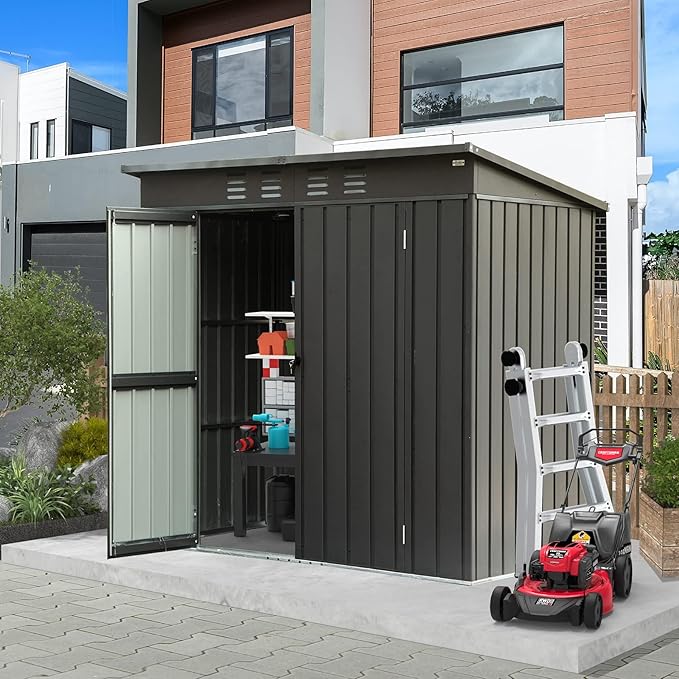 Domi Outdoor Storage Shed 5' x 3’, Metal Garden Shed with Galvanized Steel Frame for Bike, Tools, Lawn Mowers, Pool Toys, Outdoor Storage Cabinet with Lockable Door for Garden Lawn Patio (Dark Grey)-VerdiqueGarden