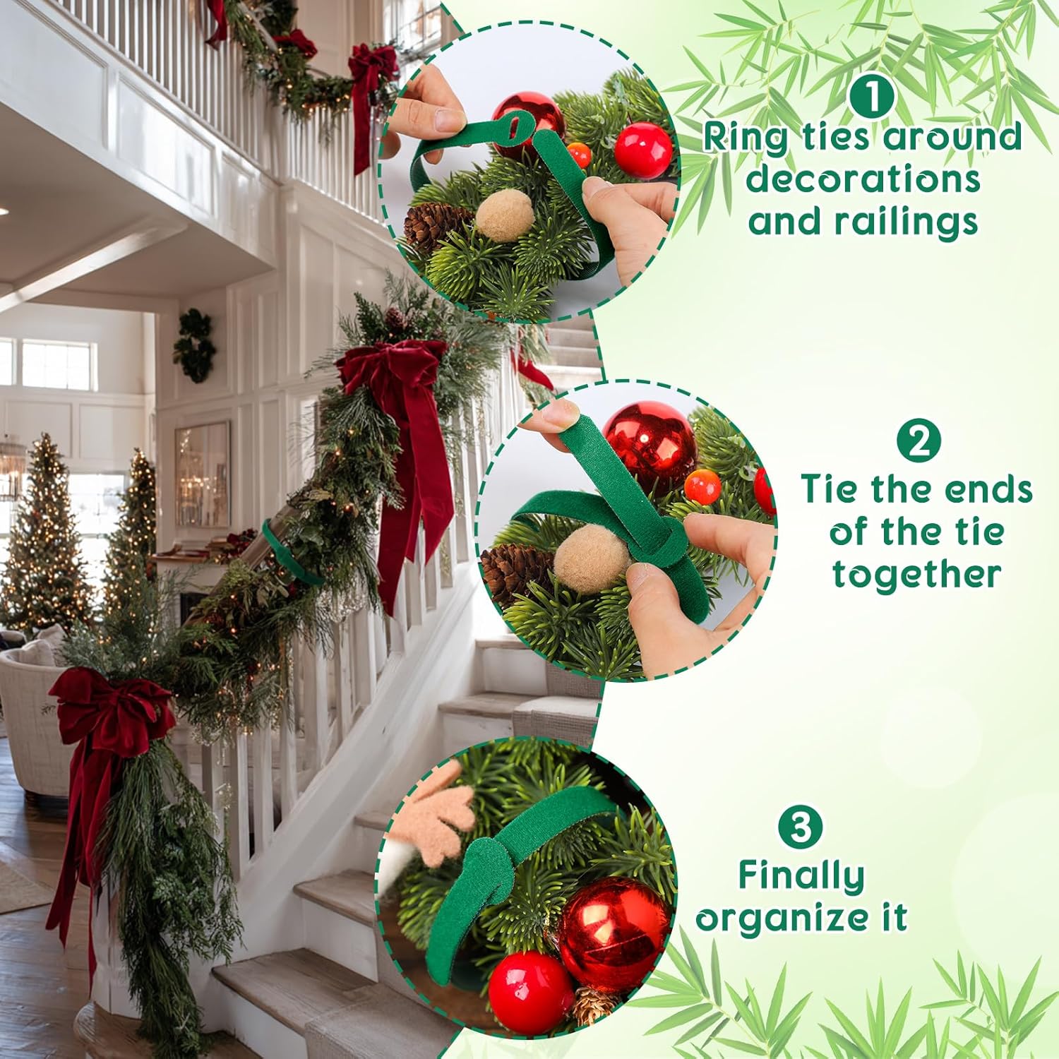 80 Pcs 12 Inch Christmas Garland Ties Green Adjustable Holiday Banister Ties Reusable Fastener Strap Nylon Garden Plant Cable Strap Christmas Tree Wreath Hook Loop Organizer for Home Office-VerdiqueGarden