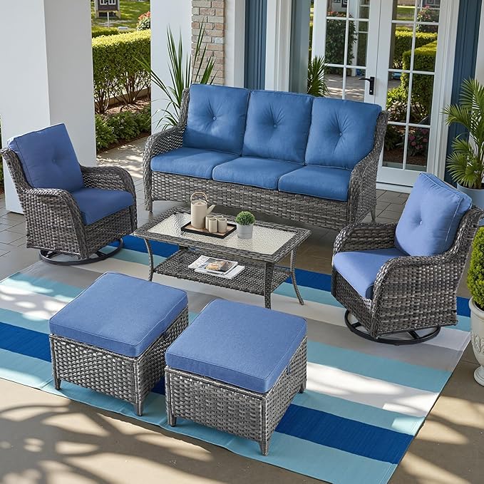 Outdoor Wicker Patio Furniture Set - 6 Piece Rattan Patio Conversation Set with 2 Rocking Swivel Chairs,2 Ottomans,1 Sofa and 1 Coffee Table for Porch Deck Backyard Garden(Mixed Grey/Blue)-VerdiqueGarden