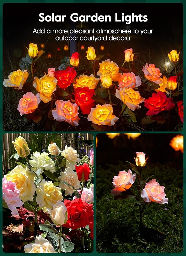 Garden 4 Pack LED Solar Flower Lights with Larger & More Realistic Rose Flowers, Bigger Solar Panel, Waterproof Solar Outdoor Lights for Yard Patio Lawn Pathway Walkway Decoration-VerdiqueGarden