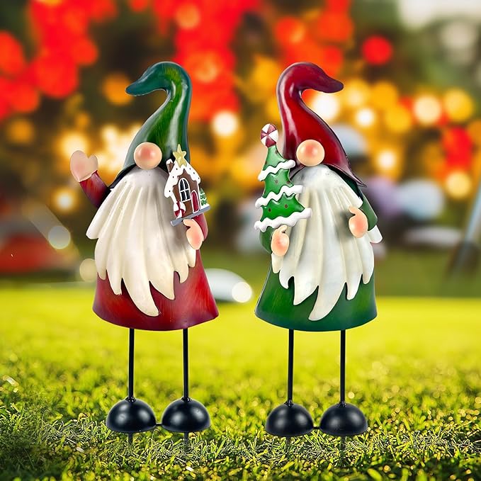 HONGLAND Christmas Decorations Outdoor Metal Gnome Yard Art Christmas Gnomes Statue 18 Inch Gnome Figurine for Holiday Christmas Lawn Patio Yard Garden Decor-2 PCS-VerdiqueGarden