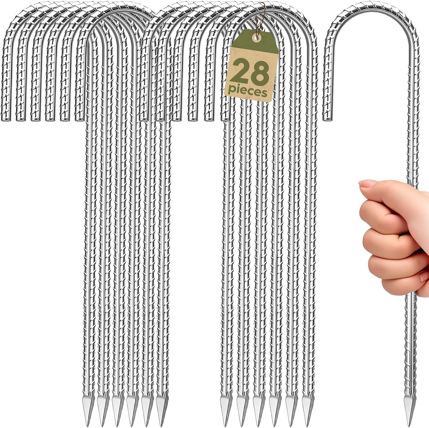12 inches Ground Stakes Heavy Duty 28 Pieces Metal Fence Rebar Stake 5/16" Diameter J Hook Ground Spikes, Tent Stakes, Swing Set and Gazebo Anchors-VerdiqueGarden