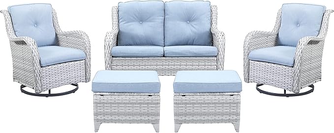 5 Piece Outdoor Patio Furniture Set - Patio Wicker Furniture Conversation Set, Outdoor Swivel Rocker Chairs with Loveseat Sofa and 2 Ottomans for Small Space, Light Gray - Baby Blue Cushion-VerdiqueGarden