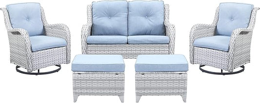 5 Piece Outdoor Patio Furniture Set - Patio Wicker Furniture Conversation Set, Outdoor Swivel Rocker Chairs with Loveseat Sofa and 2 Ottomans for Small Space, Light Gray - Baby Blue Cushion-VerdiqueGarden