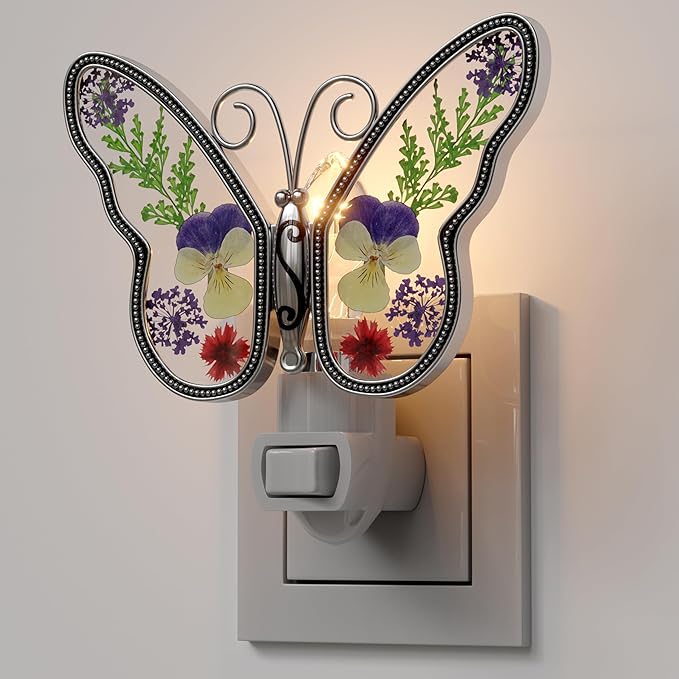 KY&BOSAM Butterfly Night Light Plug into Wall Night Lights Real Flower Glass and Metal Nightlights for Hallway Nursery Bedroom Bathroom Kids Room Kitchen Stairway Accent Elegant Themed Home Decoration-VerdiqueGarden