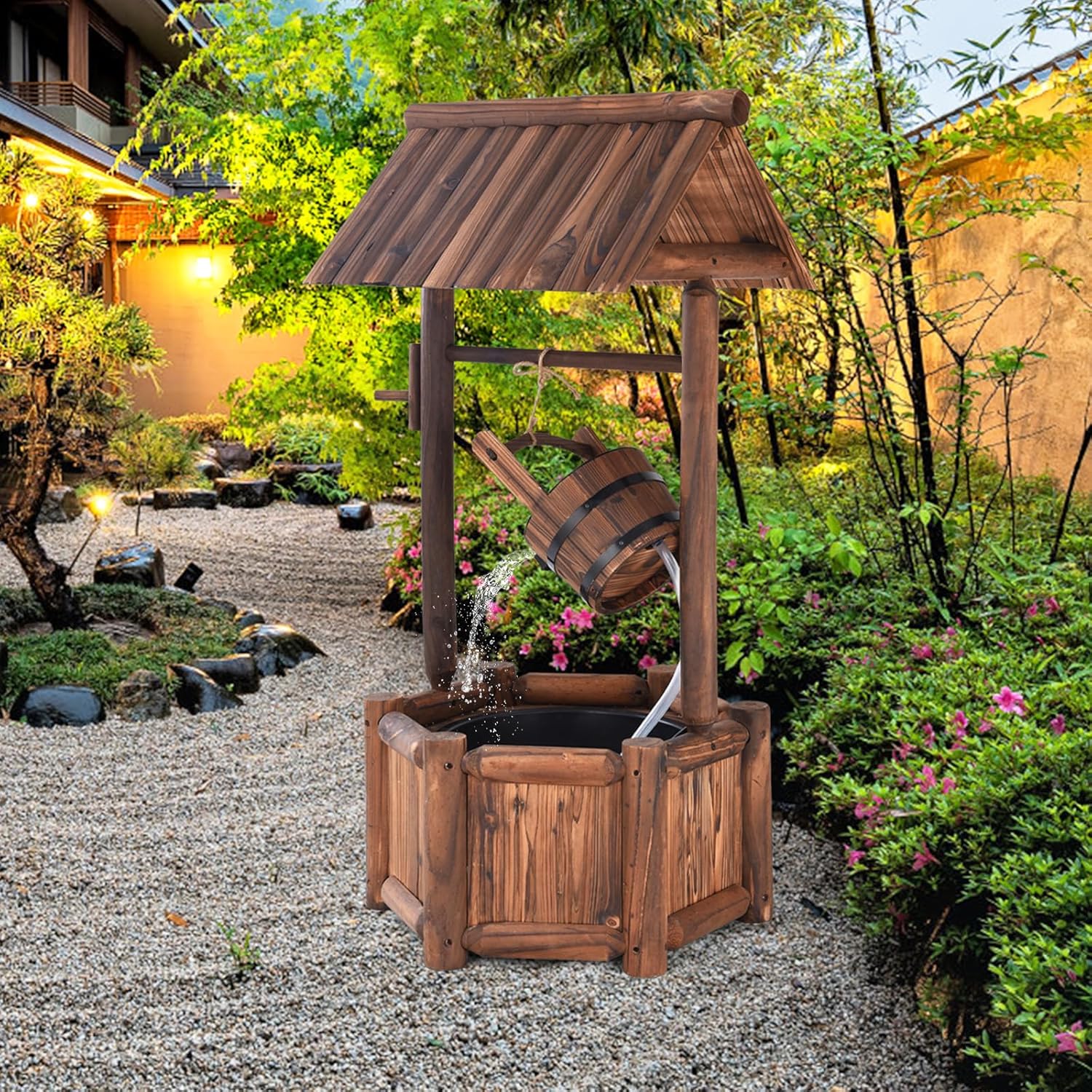 Tangkula Outdoor Wishing Well Water Fountain, Old-Fashioned Wood Waterfall Fountain w/Bucket Pump, Rustic Farmhouse Decoration for Garden, Backyard, 46 Inch Tall (20" x 23" x 46")-VerdiqueGarden