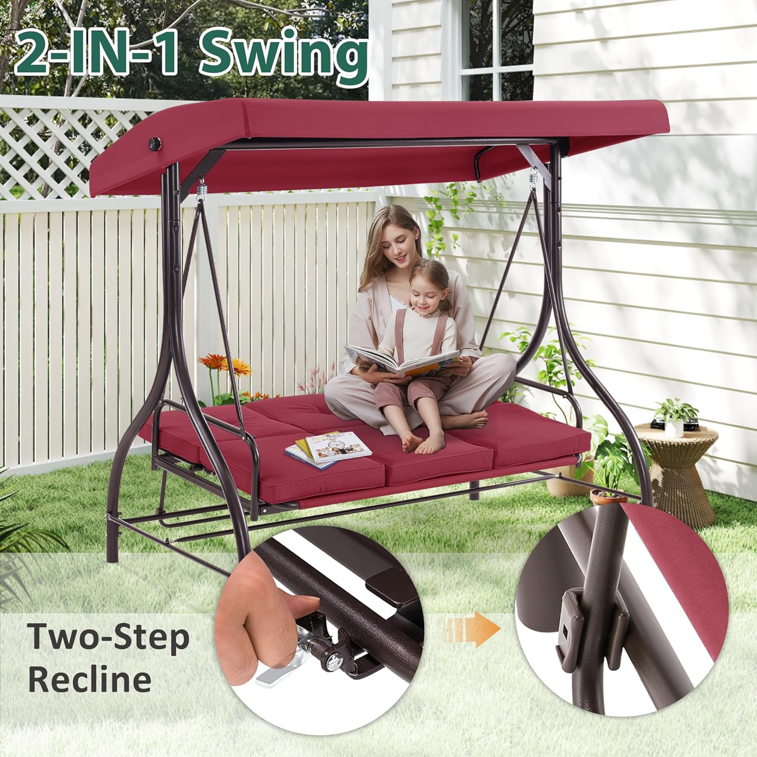 MCombo 3-Seat Outdoor Patio Swing Chair, 2-in-1 Convertible Porch Swing Glider Chair with Removable Cushions, Adjustable Canopy & Pillows for Backyard, Deck, Garden, 4068 (Burgundy)-VerdiqueGarden