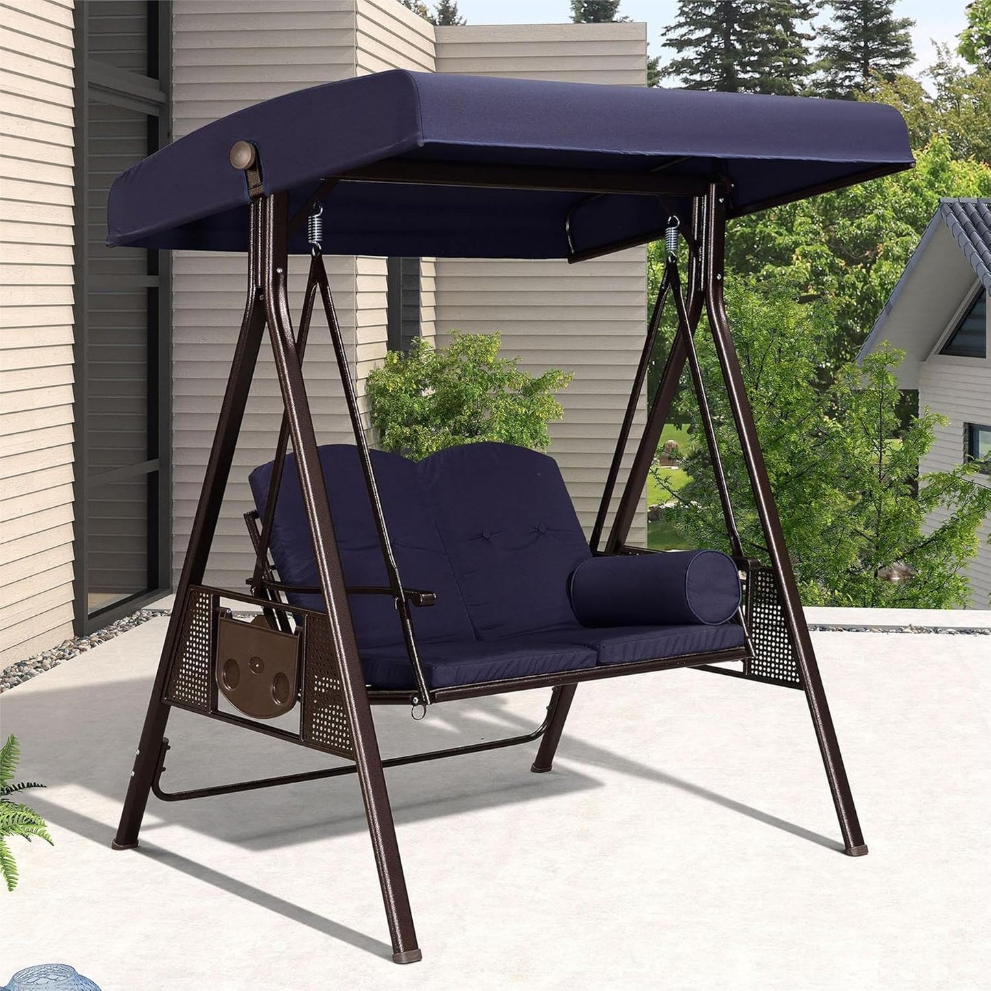 PURPLE LEAF 2-Seat Deluxe Outdoor Patio Porch Swing with Weather Resistant Steel Frame, Adjustable Tilt Canopy, Cushions and Pillow Included, Navy Blue-VerdiqueGarden