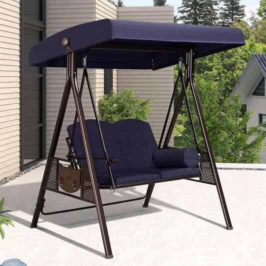 PURPLE LEAF 2-Seat Deluxe Outdoor Patio Porch Swing with Weather Resistant Steel Frame, Adjustable Tilt Canopy, Cushions and Pillow Included, Navy Blue-VerdiqueGarden